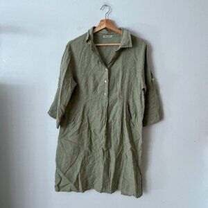 Elena Baldi Olive Green 100% Linen Shirt Dress Women's Size XL